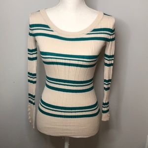 Green & Cream Striped Sweater - XS